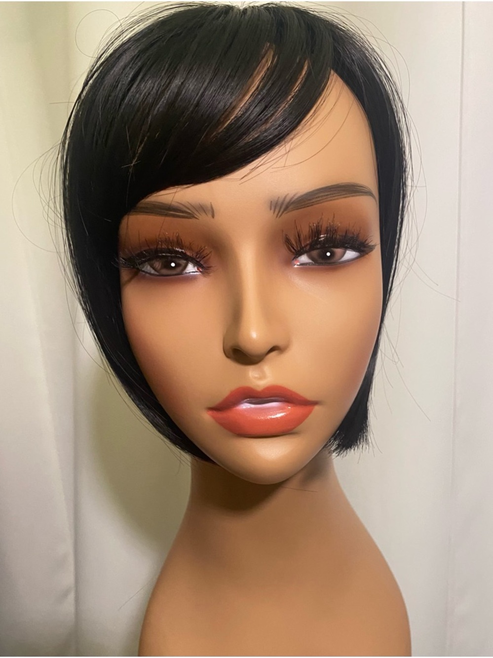 Short Black Bob Topper with Side-Swept Bangs
